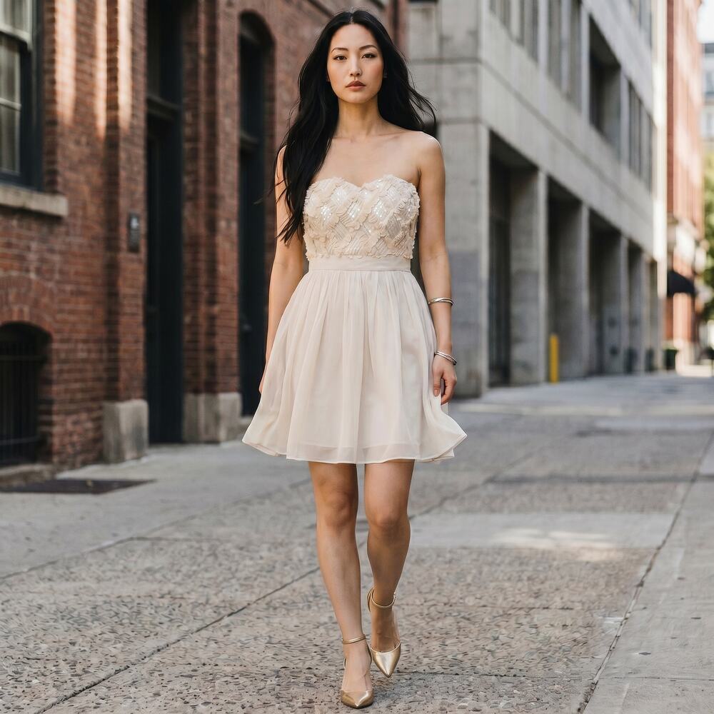 GB Cream Strapless Mini Dress L Sequin Textured Bodice Chiffon Party